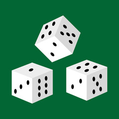 gambling white dice for casino, risk and success playing leisure game isolated vector illustration, lucky number three to take jackpot