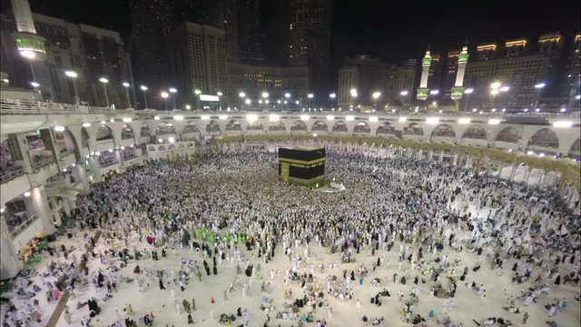 Time lapse video of Muslim pilgrims circling around the holy Kaaba at night during Hajj inside al Masjid al Haram in Mecca, Saudi Arabia.