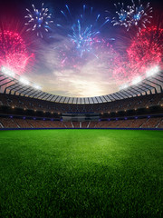 stadium sunset  with people fans and fireworks. 3d render illustration cloudy sky 