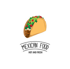 Taco Traditional mexican food . Label template or concept. Can be used to design menu, business cards, posters. Vector illustration isolated on white