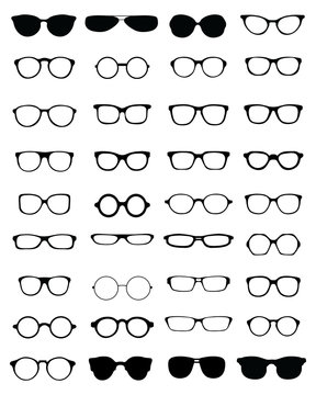 Black silhouettes of different eyeglasses, vector
