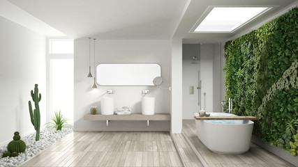 Fototapeta na wymiar Minimalist white bathroom with vertical and succulent garden, wooden floor and pebbles, hotel, spa, modern interior design
