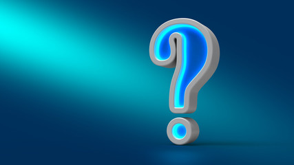 Glowing neon big question mark on the table, on blue background, 3d illustration.