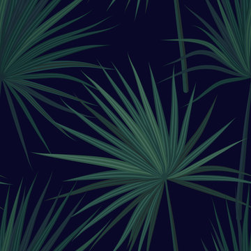 Dark tropical background with jungle plants. Seamless vector tropical pattern with green phoenix palm leaves. Vector illustration.