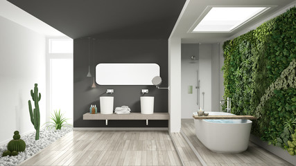 Fototapeta na wymiar Minimalist white and gray bathroom with vertical and succulent garden, wooden floor and pebbles, hotel, spa, modern interior design