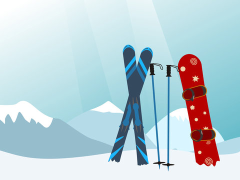 Snowboard and Ski in the Ski Mountain Resort. Vector illustration