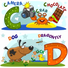 English alphabet with letters c and d and pictures to them