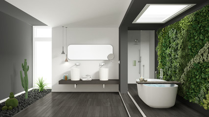 Naklejka na ściany i meble Minimalist white and gray bathroom with vertical and succulent garden, wooden floor and pebbles, hotel, spa, modern interior design