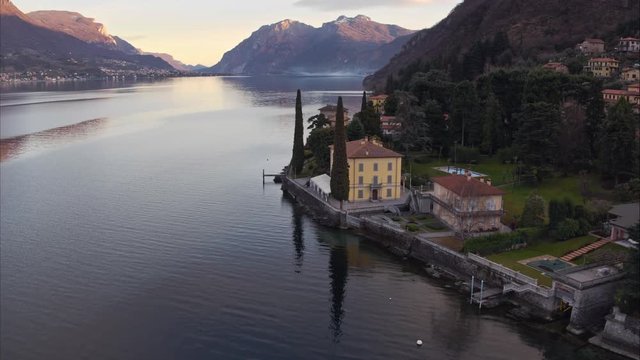 4k aerial sunset over lake Como, Lombardy, Italy