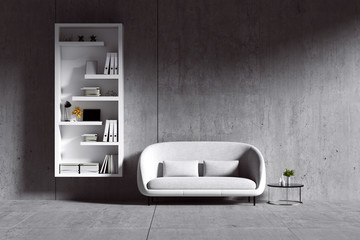 3d rendering : room Minimalist interior light and shadow with white fabric chair and white book shelf at front of cement concrete floor and wall. minimalism style loft cement wall in background