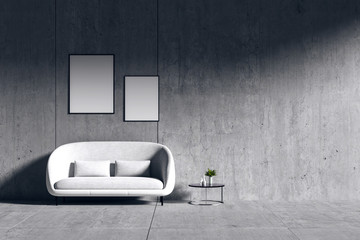 3d rendering : room Minimalist interior light and shadow with white fabric sofa at front of cement concrete floor and wall. minimalism style loft cement wall in background