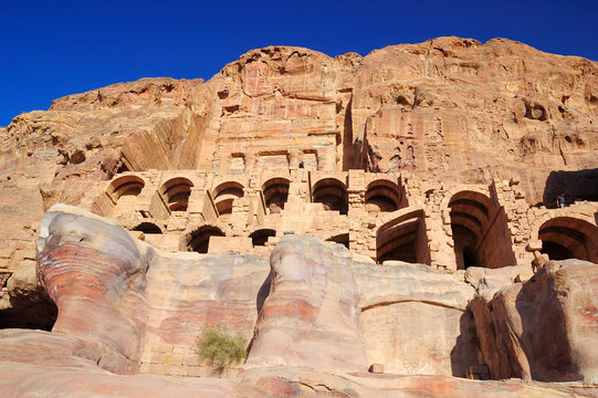 Ancient ruins of the Petra stone city, biggest tourist attraction in Jordan