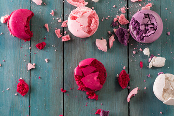 Colorful macaroons on wooden table. Sweet macarons. French desert