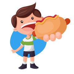 Boy holding and showing big hot-dog. Fast food vector illustration.