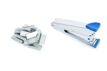 stapler steel color  blue and staples  isolated on white background