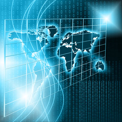 World map on a technological background, glowing lines symbols of the Internet, radio, television, mobile and satellite communications.