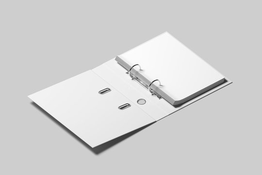 Blank white opened ring binder design mockup, 3d rendering. Self-binder mock up with stack of a4 paper. Office supply cardboard folder branding presentation. Desk lever arch file cover template.