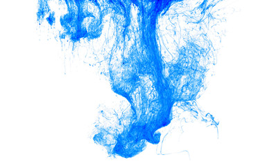 Fototapeta na wymiar Color ink drop in water, photographed in motion, swirling. Blue icloud of paint on white background.