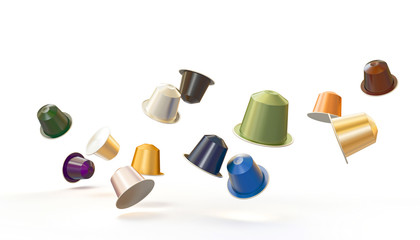  3d image of a series of colored coffee capsules, moving objects. nobody around.