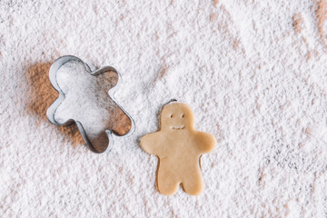 'Close-up view of uncooked gingerbread man and cookie cutter on flour
