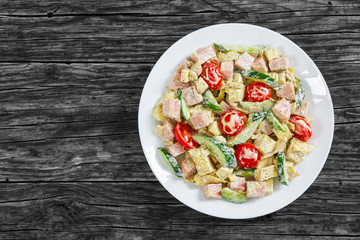Cucumber, cheese. omelette, ham, tomato, salad