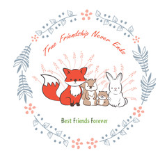 doodle set of best friends forever. cute rabbit, squirrel, fox and beaver in floral frames hand drawing vector illustration for kid t-shirt print, greeting and invitation card