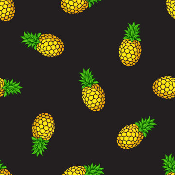Vector illustration. Seamless pattern. Falling fresh tropical fruits pineapples on black background. Healthy vegetarian food. Decoration for gift paper, prints for clothes, textiles, wallpapers