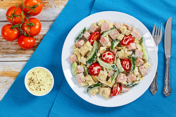 ham, cucumber, cheese, omelette,  tomato salad