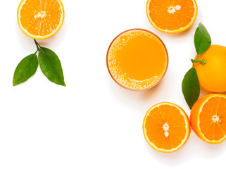 Oranges and juice, above view.