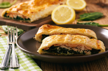 Salmon trout and spinach baked in puff pastry.