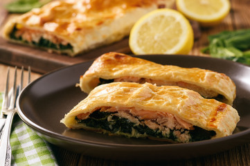 Salmon trout and spinach baked in puff pastry.