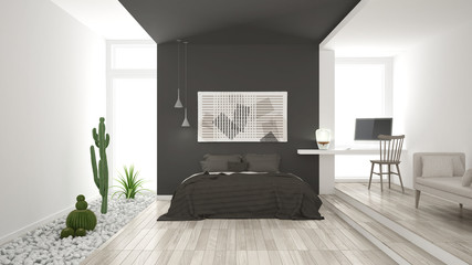 Scandinavian minimalist white and gray bedroom with succulent garden, wooden floor and pebbles, hotel, spa, classic interior design