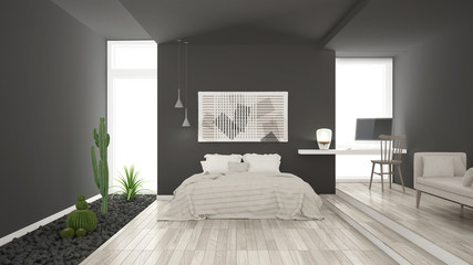 Scandinavian minimalist white and gray bedroom with succulent garden, wooden floor and pebbles, hotel, spa, classic interior design