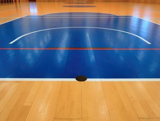 Basketball court inside. White lines and blue playfield in hall. Hanball gate at wall. Painted...