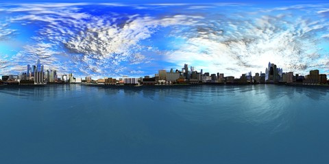 Fototapeta na wymiar Panorama metropolis, Environment map. HDRI map. Equirectangular projection. Spherical panorama , 3D rendering 