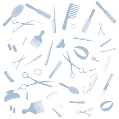 Hairdresser equipment pattern. Pink images, white background. Vector.