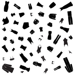 Obraz premium Woman clothes illustrations pattern. Black silhuette images, white background. Vector.