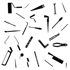 Repair tools illustrations pattern. Black silhuette images, white background. Vector. Insrtruments.