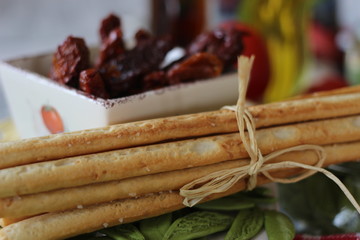 italian food, dried tomato, grissini, italian starter, italian snack, salted sticks, italian salted sticks, 