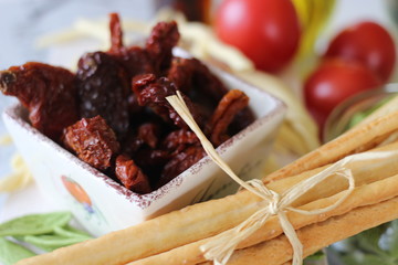 italian food, dried tomato, grissini, italian starter, italian snack, salted sticks, italian salted sticks, 