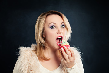 Woman Biting Cake. Model with Unhealthy Food. Overweight Concept