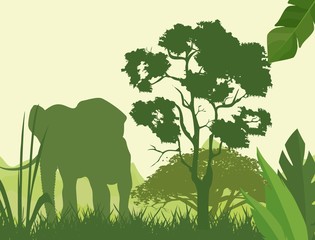 Vector illustration of Green silhouettes of african savannah with silhouettes of elephants