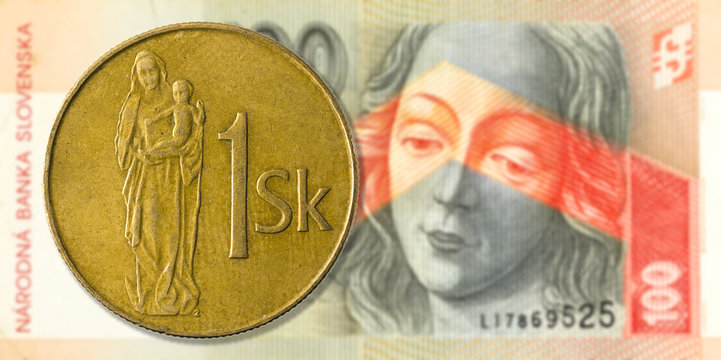 1 slovak koruna coin against 100 slovak koruna bank note obverse