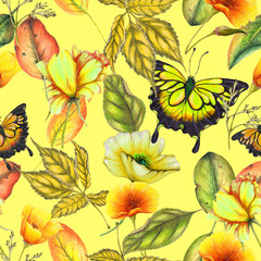 Seamless pattern with yellow poppies