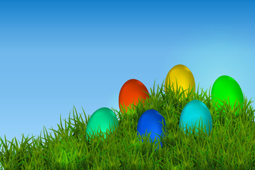 Happy Easter Vector Typography background with place for your text message with colored eggs and green grass on the blue background.