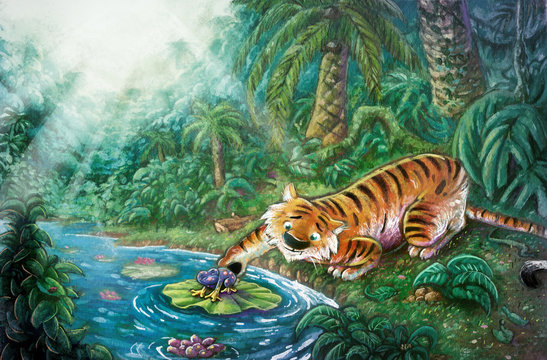 Tigre en la selva junto a un rio