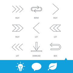 Arrows icons. Download, repeat linear signs. Next, back arrows flat line icons. Light bulb, speech bubble and leaf web icons. Vector