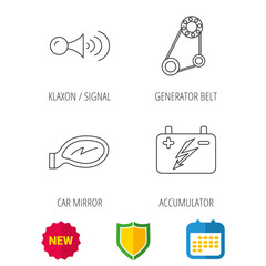 Accumulator, klaxon signal and generator belt icons. Accumulator linear sign. Shield protection, calendar and new tag web icons. Vector