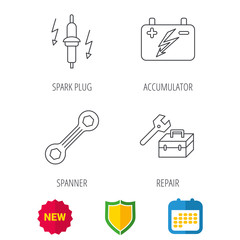 Accumulator, spanner tool and car service icons. Repair toolbox, spark plug linear signs. Shield protection, calendar and new tag web icons. Vector