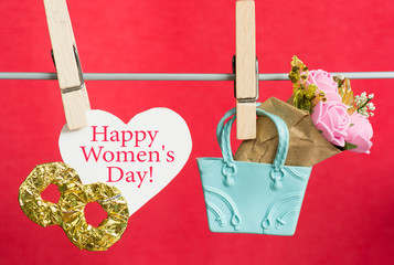 Happy Women's Day Card. celebrate 8 March, lollipop shape figure eight 8, note for text, flowers in colored buckets. 